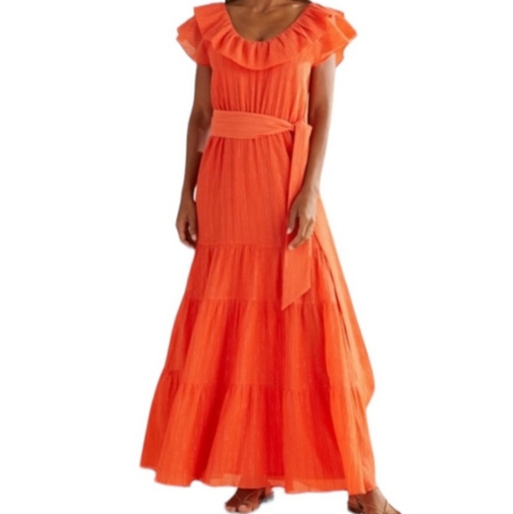 NWOT Marie Oliver Kinley Ruffle Maxi Dress M Orange Metallic Silver Tie